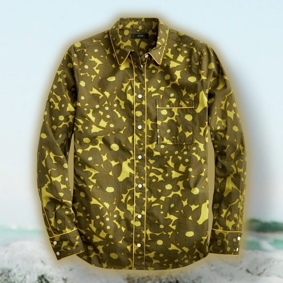 J. Crew ‘Groovy Button-Up Shirt’ in “Camo Flowers” with Yellow Piping Size Small - Picture 4 of 15